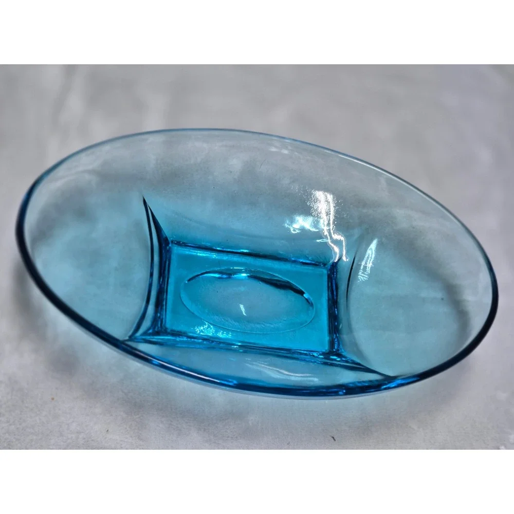 Vintage Hazel Atlas Capri Azure Blue Glass Oval Bowl MCM Colonial Footed Dish